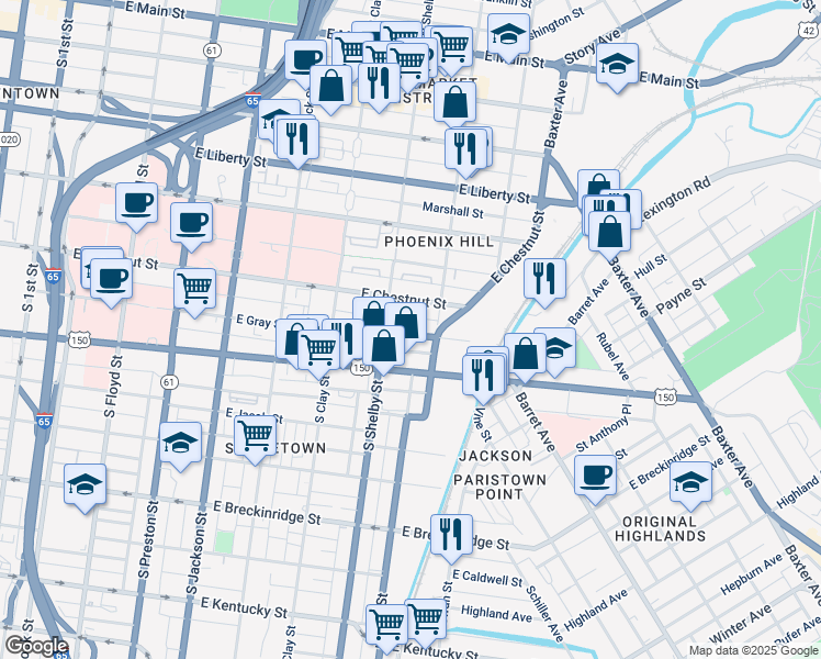 map of restaurants, bars, coffee shops, grocery stores, and more near 818 East Gray Street in Louisville