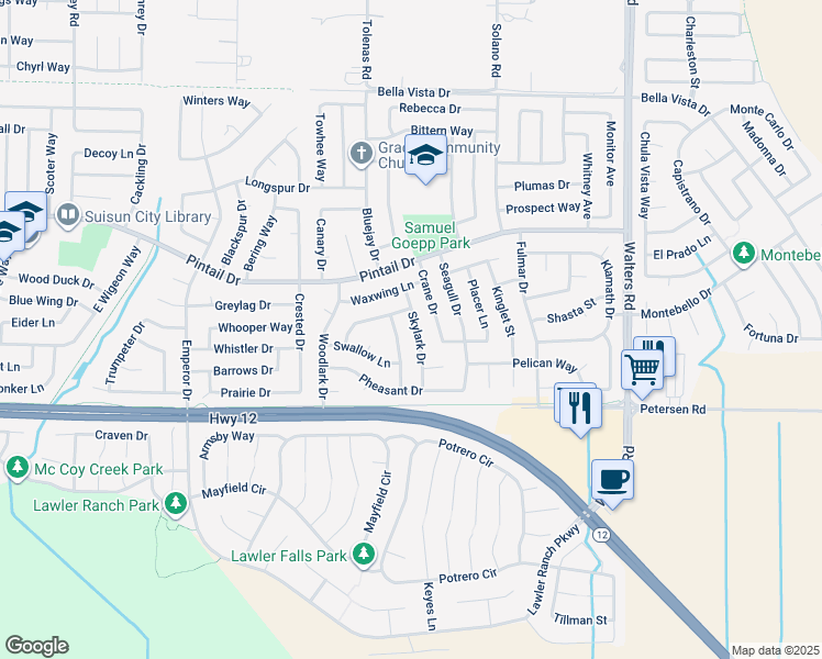 map of restaurants, bars, coffee shops, grocery stores, and more near 604 Skylark Drive in Suisun City