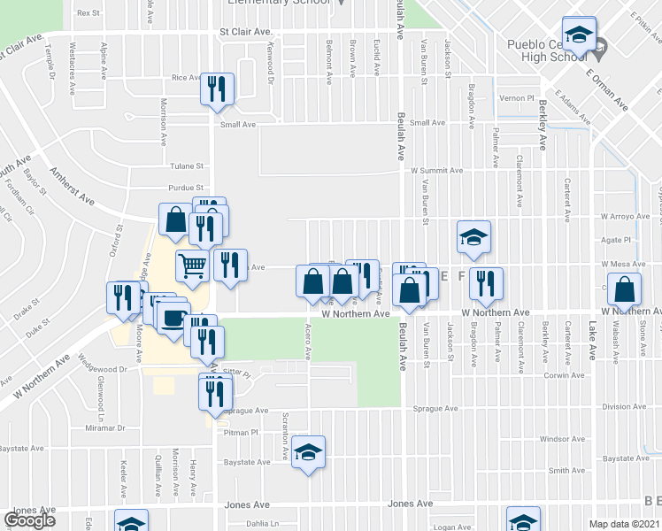 map of restaurants, bars, coffee shops, grocery stores, and more near 1199 Belmont Avenue in Pueblo