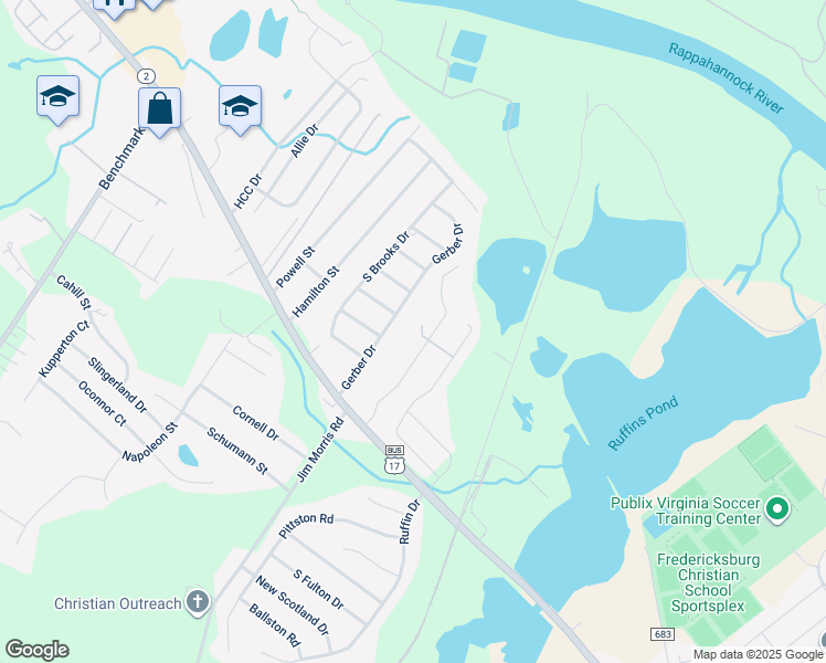 map of restaurants, bars, coffee shops, grocery stores, and more near 2404 Gifhorn Court in Fredericksburg