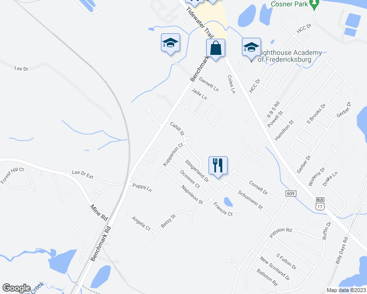 map of restaurants, bars, coffee shops, grocery stores, and more near 2919 Cahill Street in Fredericksburg