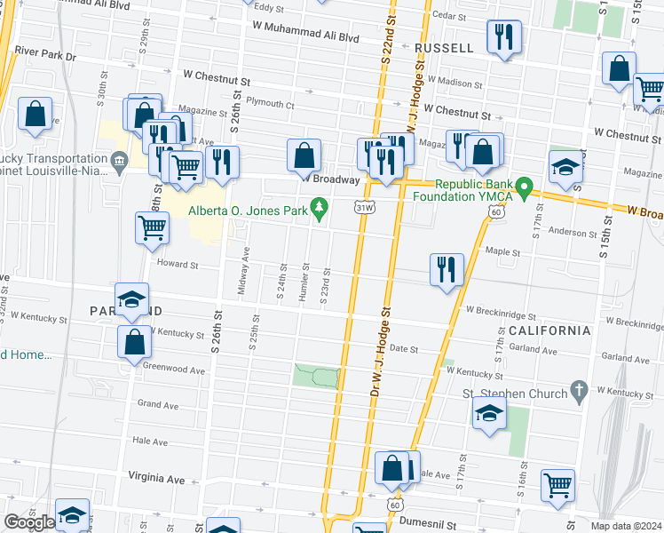 map of restaurants, bars, coffee shops, grocery stores, and more near 835 South 23rd Street in Louisville