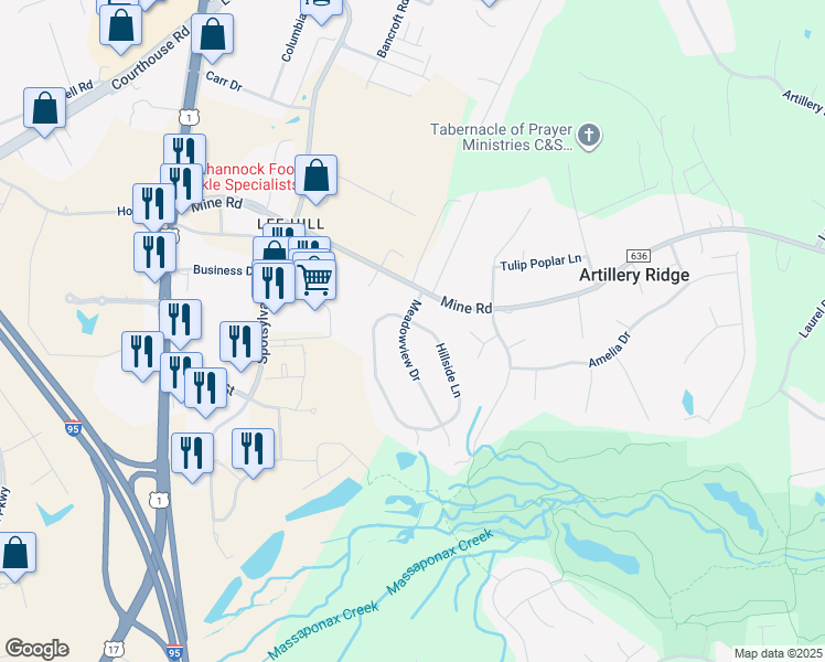 map of restaurants, bars, coffee shops, grocery stores, and more near 10101 Hillside Lane in Fredericksburg