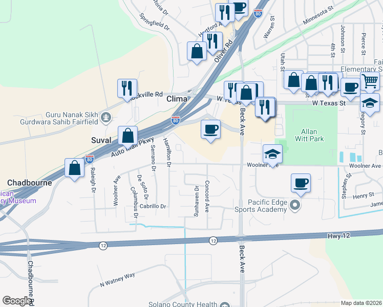 map of restaurants, bars, coffee shops, grocery stores, and more near 191 Merlot Court in Fairfield