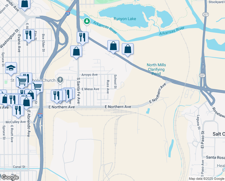 map of restaurants, bars, coffee shops, grocery stores, and more near 1237-1299 Russ Avenue in Pueblo