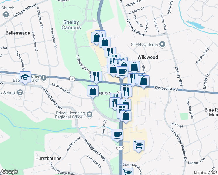 map of restaurants, bars, coffee shops, grocery stores, and more near 9300 Shelbyville Road in Louisville