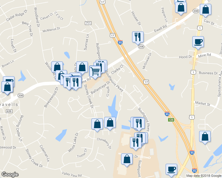 map of restaurants, bars, coffee shops, grocery stores, and more near 10731 Brice Court in Fredericksburg