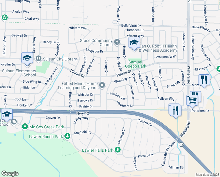 map of restaurants, bars, coffee shops, grocery stores, and more near 605 Woodlark Drive in Suisun City