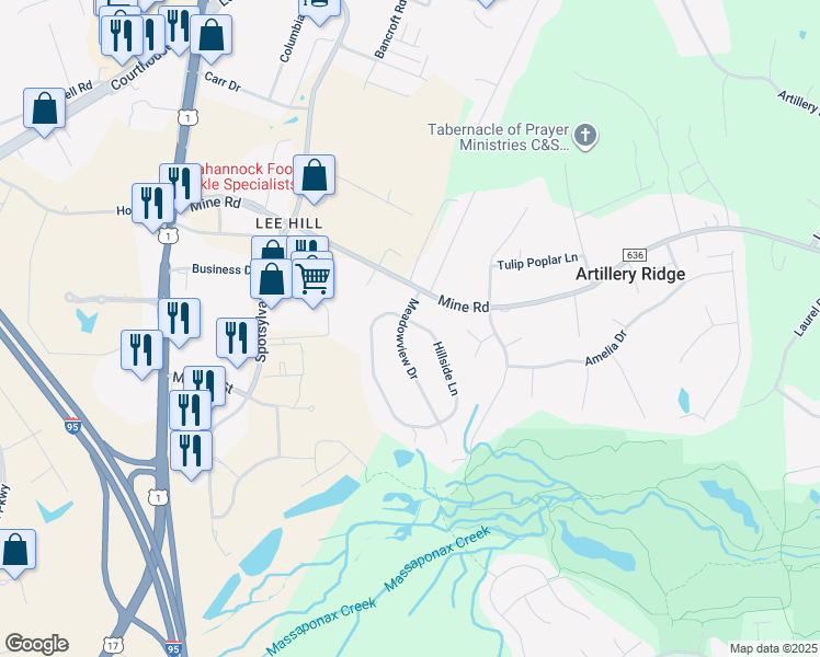 map of restaurants, bars, coffee shops, grocery stores, and more near 10101 Hillside Lane in Fredericksburg