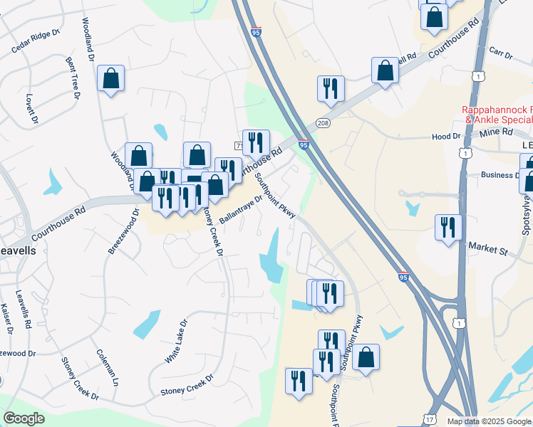 map of restaurants, bars, coffee shops, grocery stores, and more near 10731 Brice Court in Fredericksburg