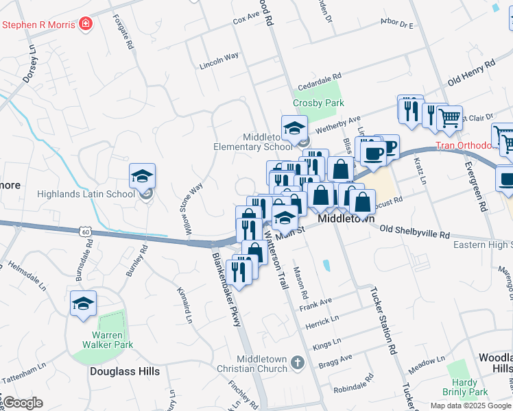 map of restaurants, bars, coffee shops, grocery stores, and more near 11315 Heritage Hill Court in Louisville