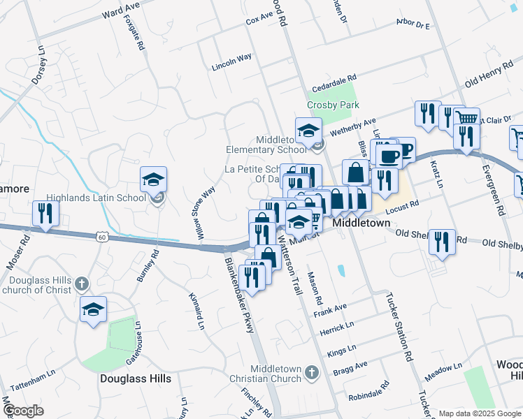 map of restaurants, bars, coffee shops, grocery stores, and more near 11315 Heritage Hill Court in Louisville