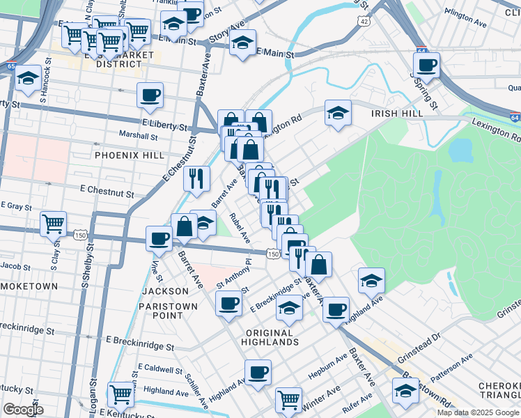 map of restaurants, bars, coffee shops, grocery stores, and more near in Louisville