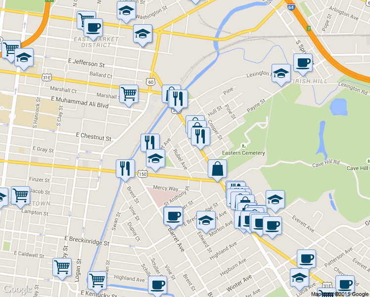 map of restaurants, bars, coffee shops, grocery stores, and more near in Louisville