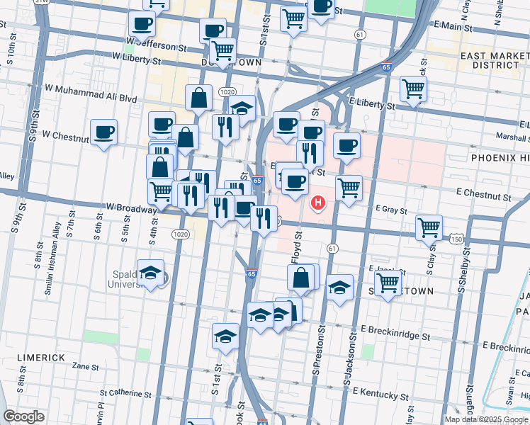 map of restaurants, bars, coffee shops, grocery stores, and more near in Louisville