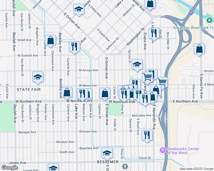 map of restaurants, bars, coffee shops, grocery stores, and more near 900 West Mesa Avenue in Pueblo