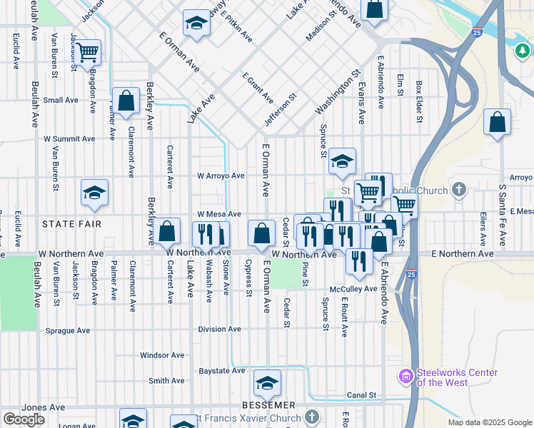 map of restaurants, bars, coffee shops, grocery stores, and more near 900 West Mesa Avenue in Pueblo