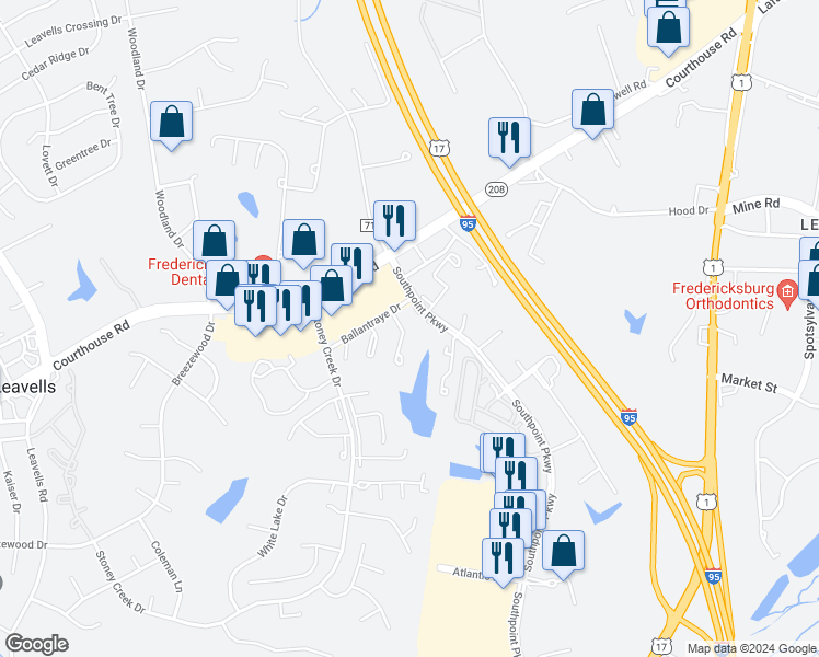 map of restaurants, bars, coffee shops, grocery stores, and more near 10733 Brice Court in Fredericksburg