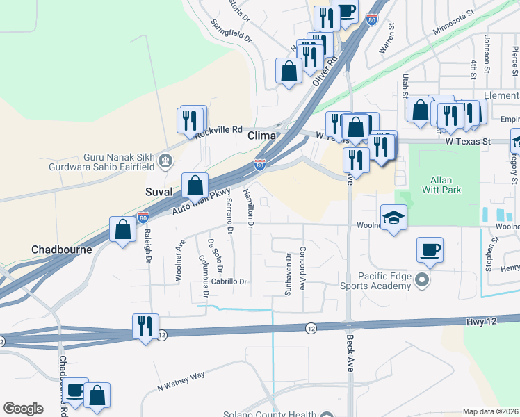 map of restaurants, bars, coffee shops, grocery stores, and more near 109 Creek View Circle in Fairfield