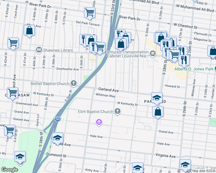 map of restaurants, bars, coffee shops, grocery stores, and more near 3300 Garland Avenue in Louisville