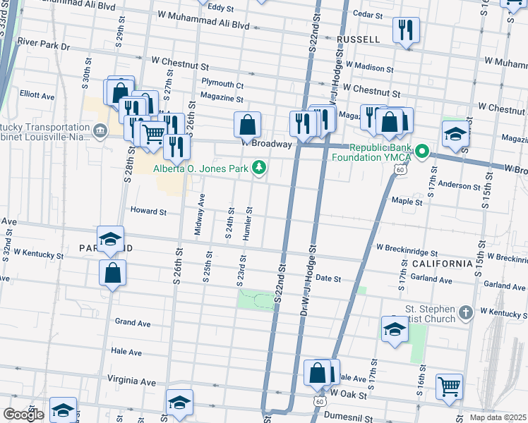 map of restaurants, bars, coffee shops, grocery stores, and more near 2312 Howard Street in Louisville