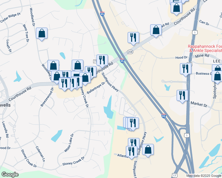 map of restaurants, bars, coffee shops, grocery stores, and more near 10722 Wakeman Drive in Fredericksburg