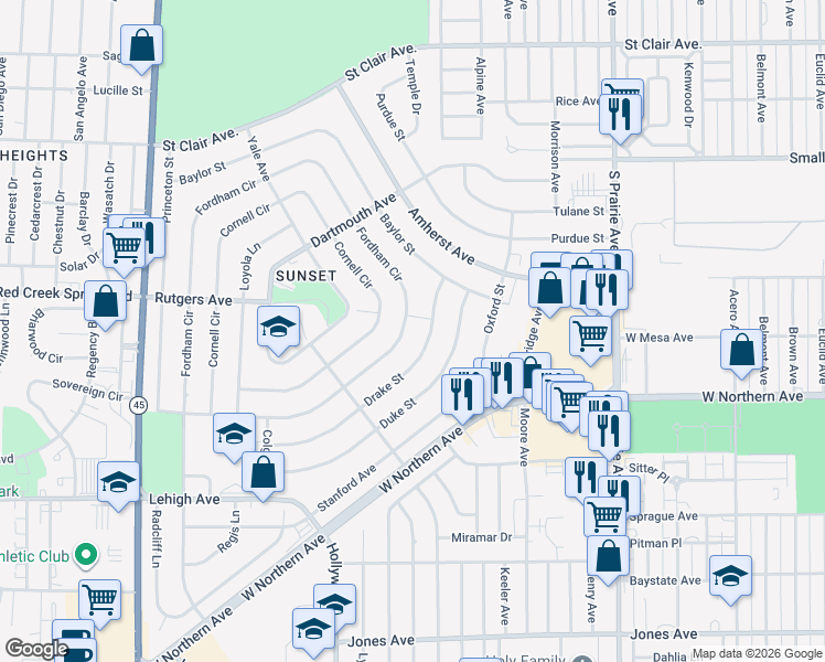 map of restaurants, bars, coffee shops, grocery stores, and more near 165 Fordham Circle in Pueblo