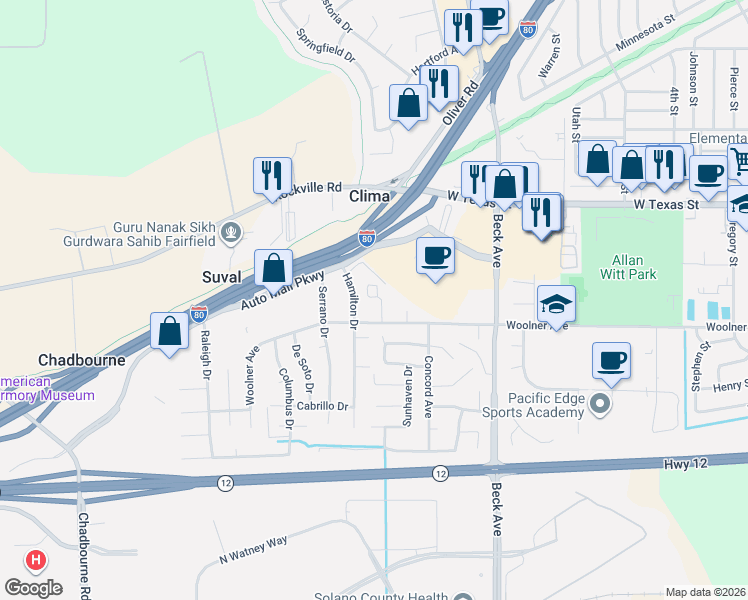 map of restaurants, bars, coffee shops, grocery stores, and more near 2280 Woolner Avenue in Fairfield