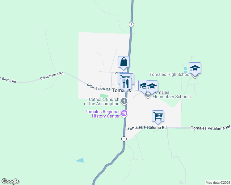 map of restaurants, bars, coffee shops, grocery stores, and more near 10 Church Street in Tomales
