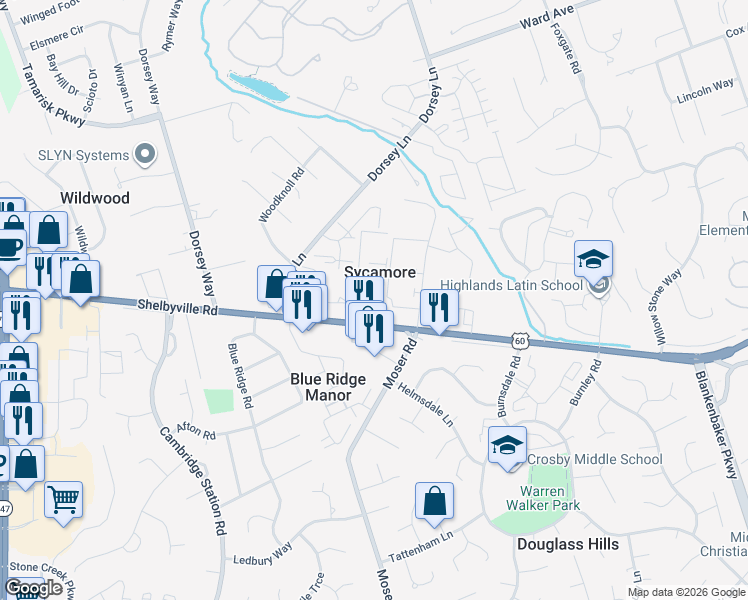 map of restaurants, bars, coffee shops, grocery stores, and more near 10603 Sycamore Way in Louisville