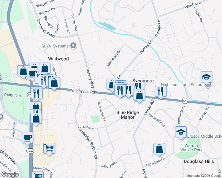 map of restaurants, bars, coffee shops, grocery stores, and more near 10226 Shelbyville Road in Louisville