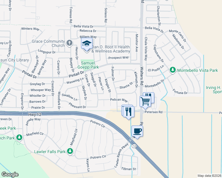 map of restaurants, bars, coffee shops, grocery stores, and more near 604 Fulmar Drive in Suisun City