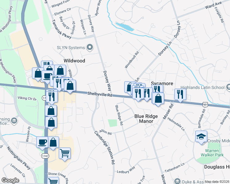 map of restaurants, bars, coffee shops, grocery stores, and more near 10200 Shelbyville Road in Louisville