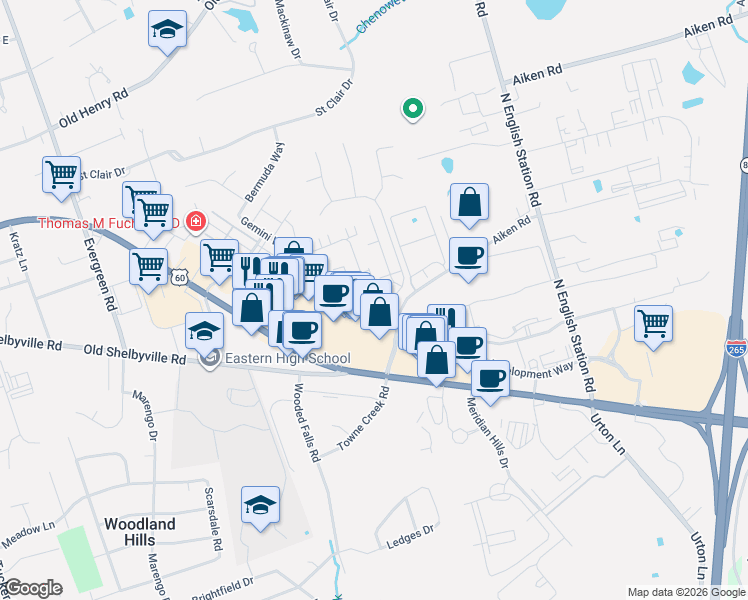 map of restaurants, bars, coffee shops, grocery stores, and more near 102 Eastbridge Court in Louisville