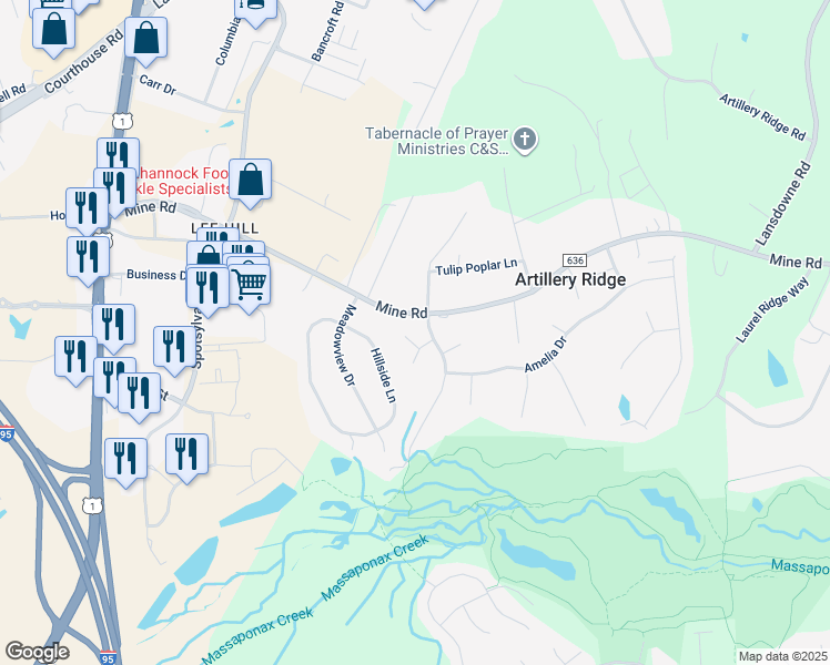 map of restaurants, bars, coffee shops, grocery stores, and more near 10405 Amherst Circle in Fredericksburg