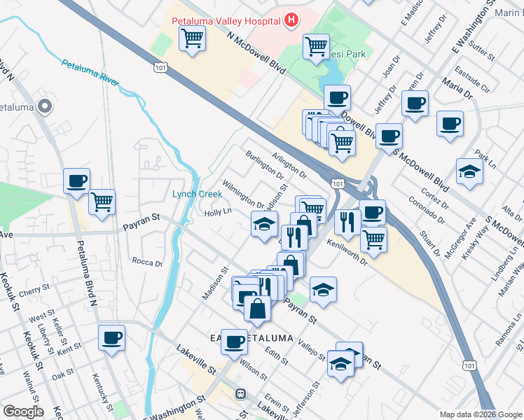 map of restaurants, bars, coffee shops, grocery stores, and more near 833 Madison Street in Petaluma