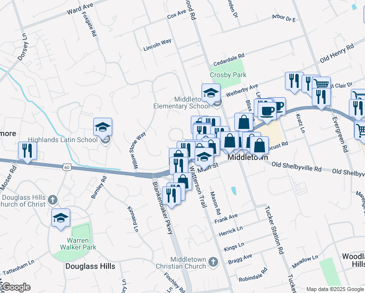 map of restaurants, bars, coffee shops, grocery stores, and more near 11315 Heritage Hill Court in Louisville