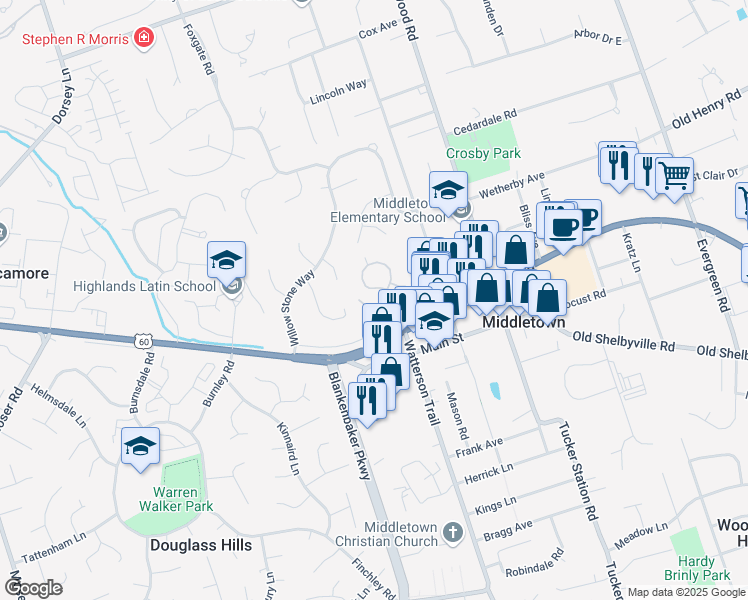 map of restaurants, bars, coffee shops, grocery stores, and more near 11315 Heritage Hill Court in Louisville