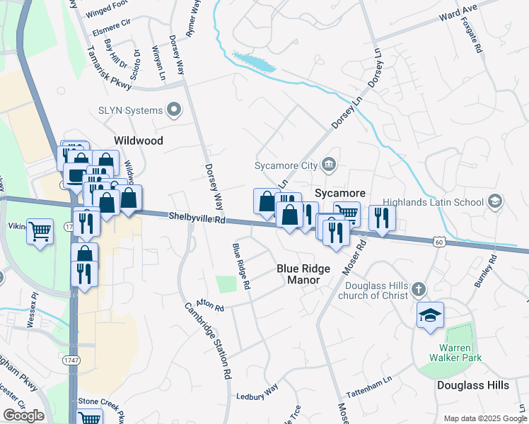 map of restaurants, bars, coffee shops, grocery stores, and more near 10226 Shelbyville Road in Louisville