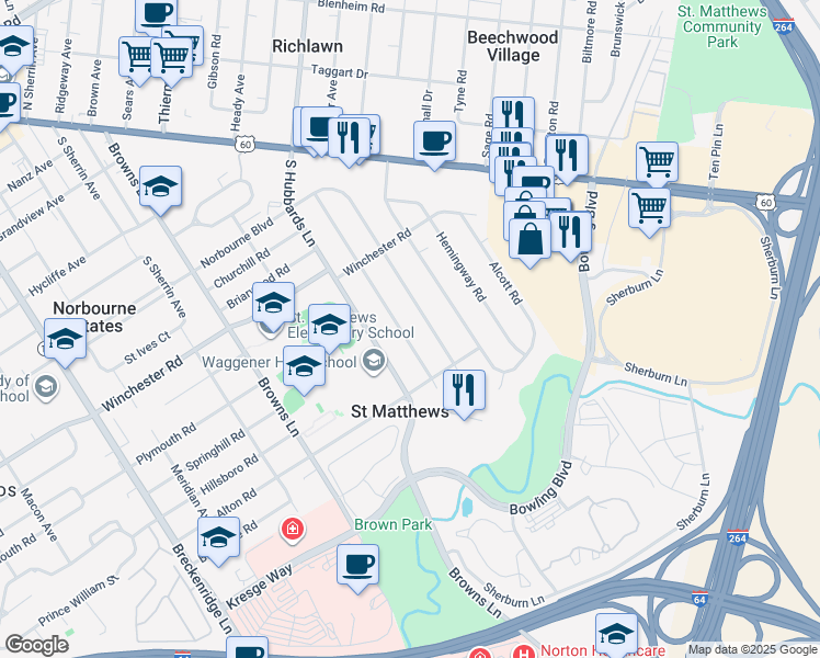 map of restaurants, bars, coffee shops, grocery stores, and more near 329 Monohan Drive in Louisville