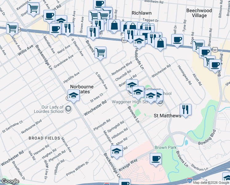 map of restaurants, bars, coffee shops, grocery stores, and more near 4109 Gloucester Road in Louisville