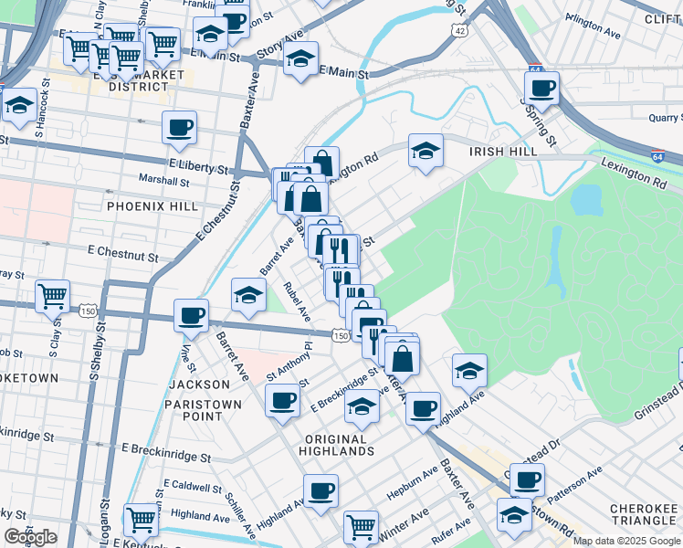 map of restaurants, bars, coffee shops, grocery stores, and more near 1102 Rogers Street in Louisville