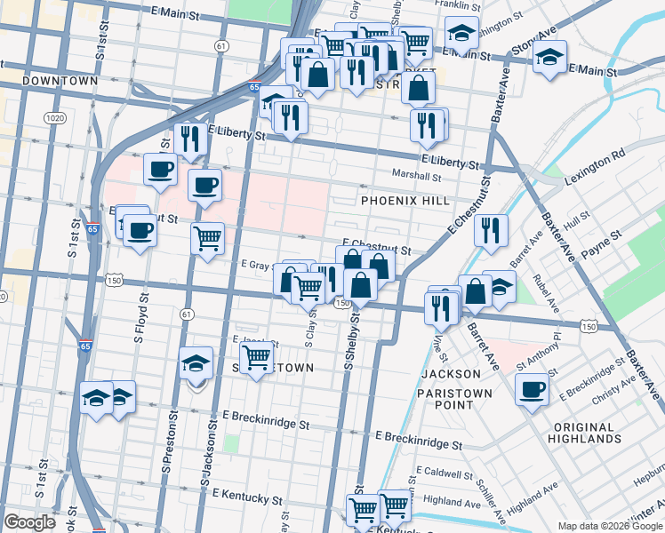 map of restaurants, bars, coffee shops, grocery stores, and more near 730 East Gray Street in Louisville