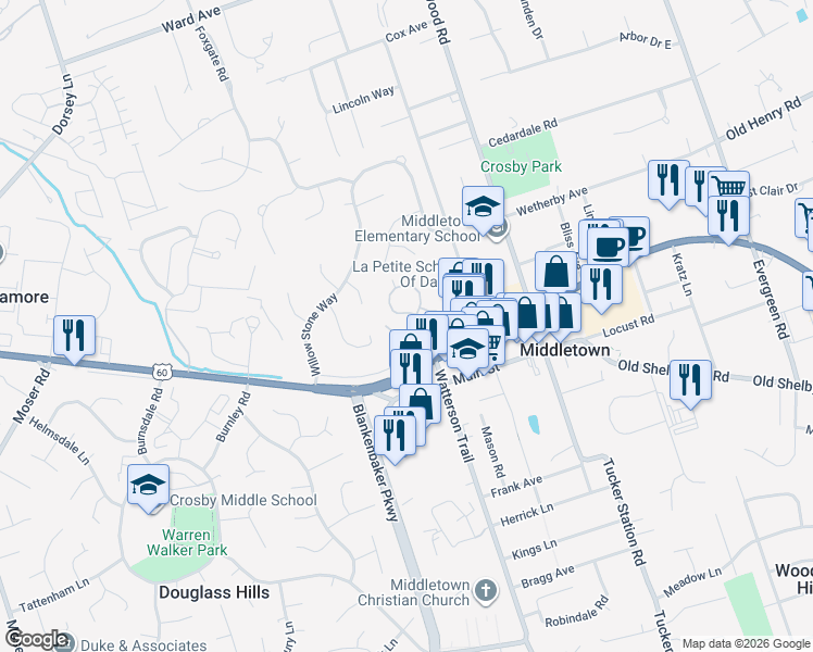 map of restaurants, bars, coffee shops, grocery stores, and more near 11315 Heritage Hill Court in Louisville