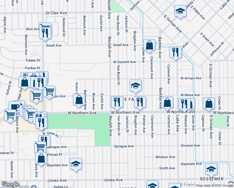 map of restaurants, bars, coffee shops, grocery stores, and more near 1145 Van Buren Street in Pueblo