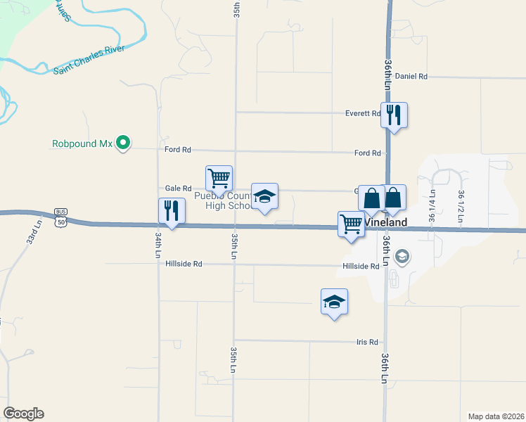 map of restaurants, bars, coffee shops, grocery stores, and more near 1050 35th Lane in Pueblo