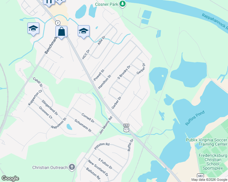 map of restaurants, bars, coffee shops, grocery stores, and more near 4515 Mary Lee Avenue in Fredericksburg