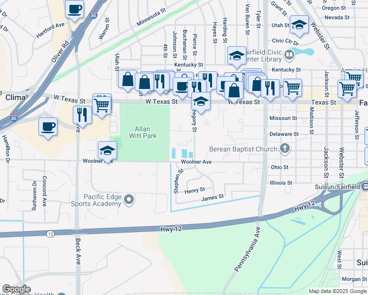 map of restaurants, bars, coffee shops, grocery stores, and more near 1600 Woolner Avenue in Fairfield
