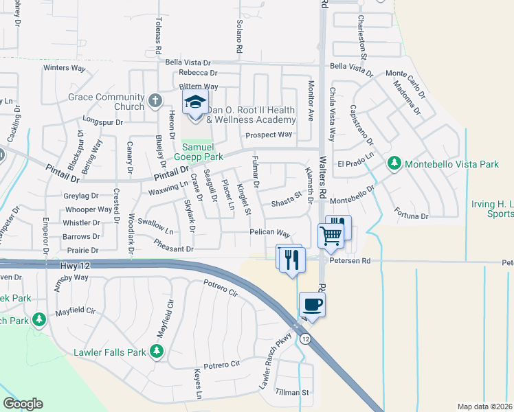 map of restaurants, bars, coffee shops, grocery stores, and more near 604 Fulmar Drive in Suisun City