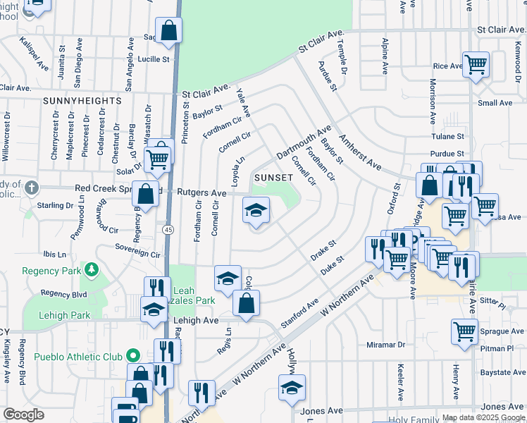 map of restaurants, bars, coffee shops, grocery stores, and more near 110 University Circle in Pueblo